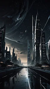 Dark Futuristic Cityscape Under Massive Ringed Alien Planet