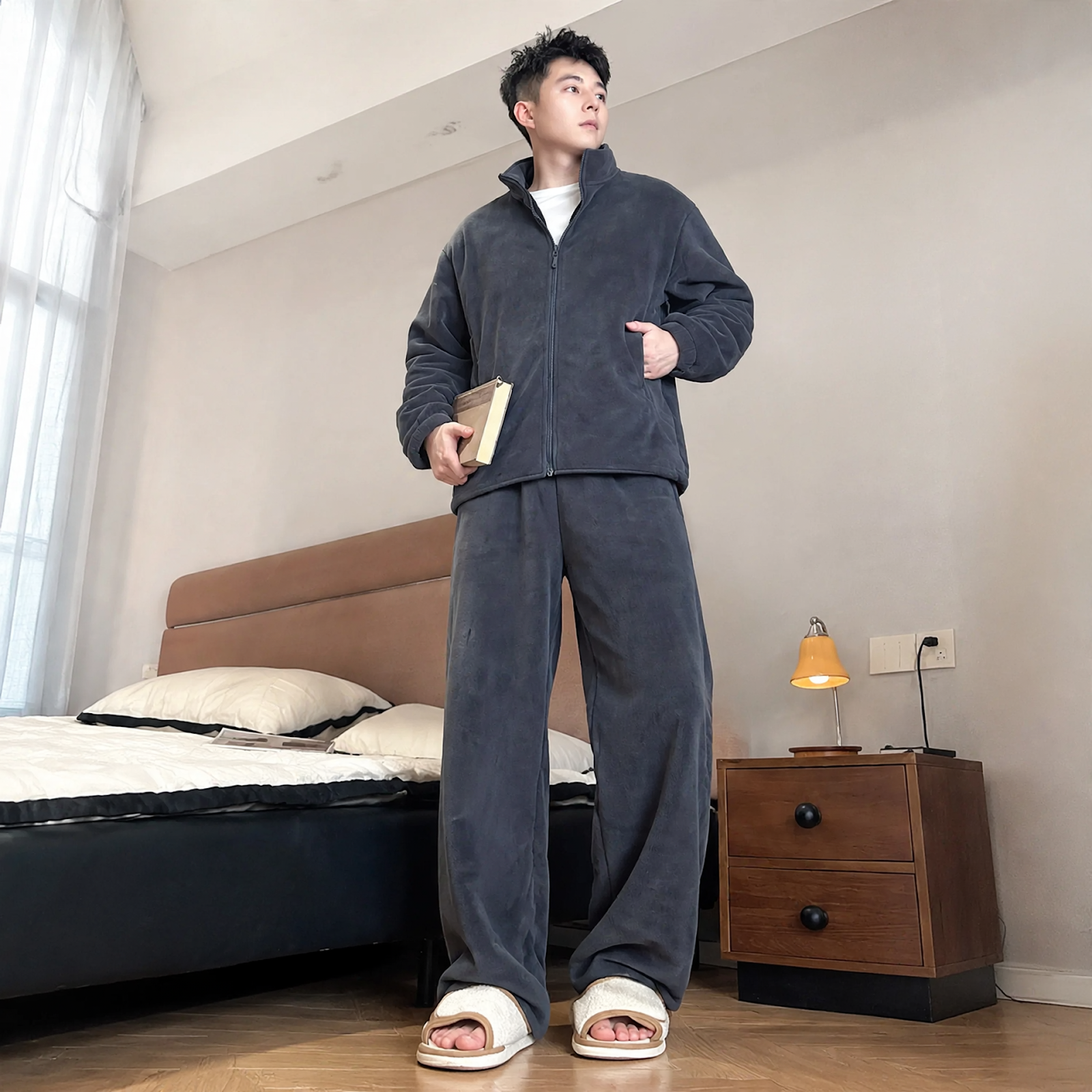 Extra warmer Herren-Hausanzug, Delfin-Fleece, Reißverschluss