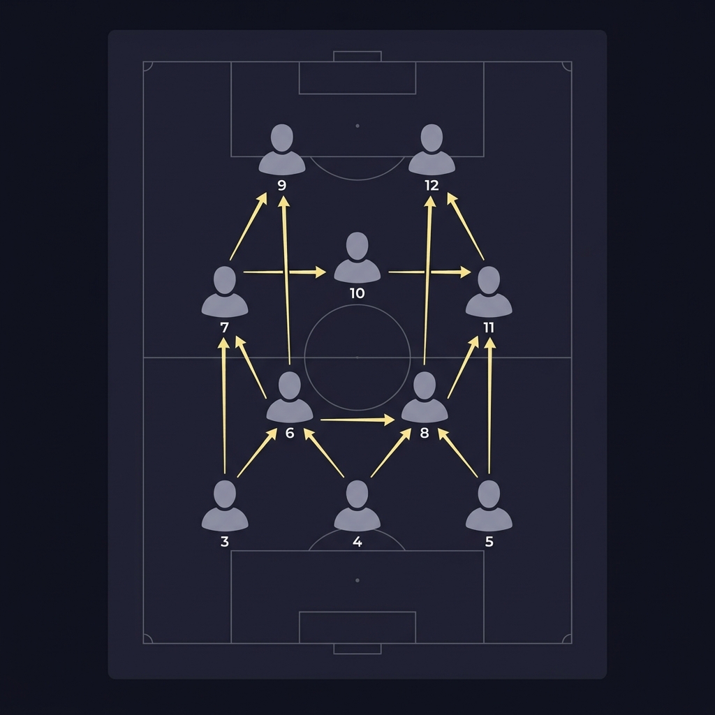 Close minimal tactics diagram of a box midfield showing a 3 2 build up with highlighted passing lanes between lines on a dark Funded Plays brand background american football tips
