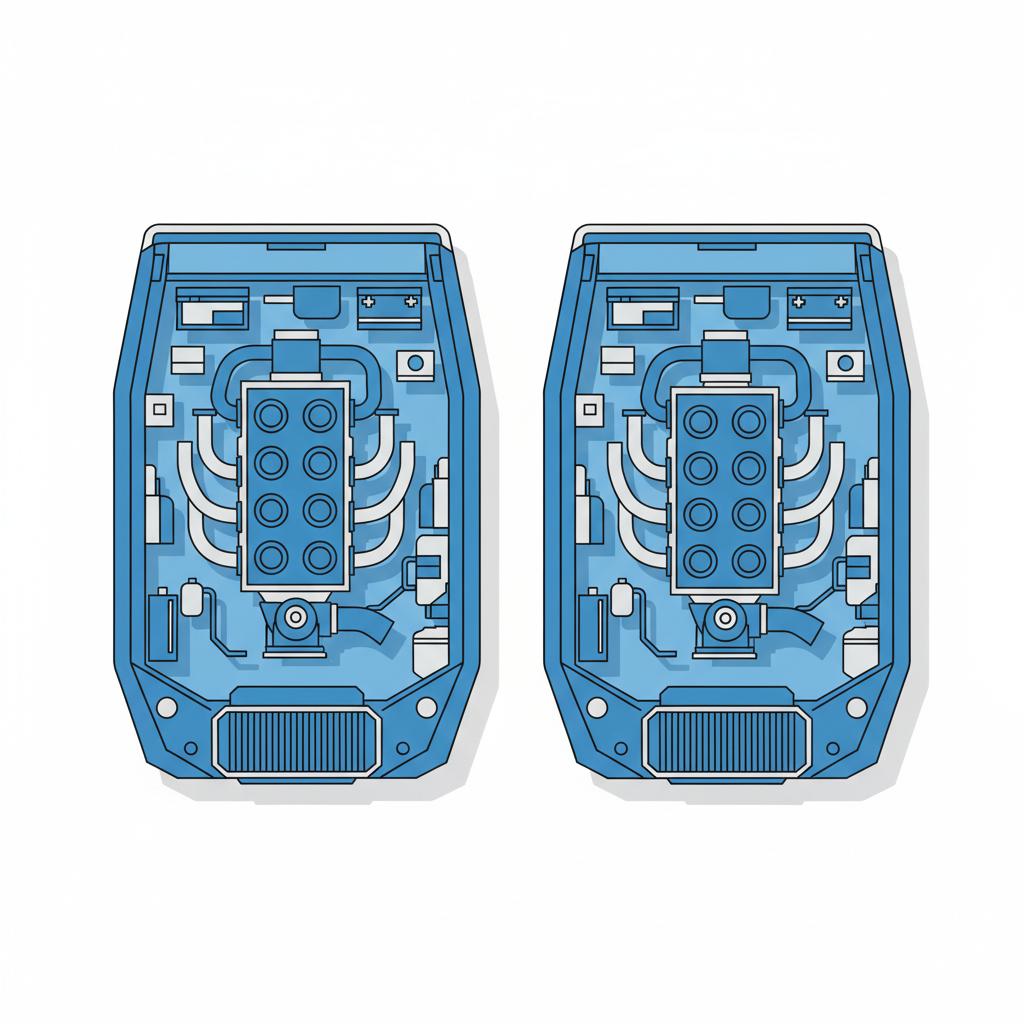 Minimalist 2D vector side by side underhood comparison of a four cylinder engine bay and an inline six engine bay for bmw 540i for sale on white background