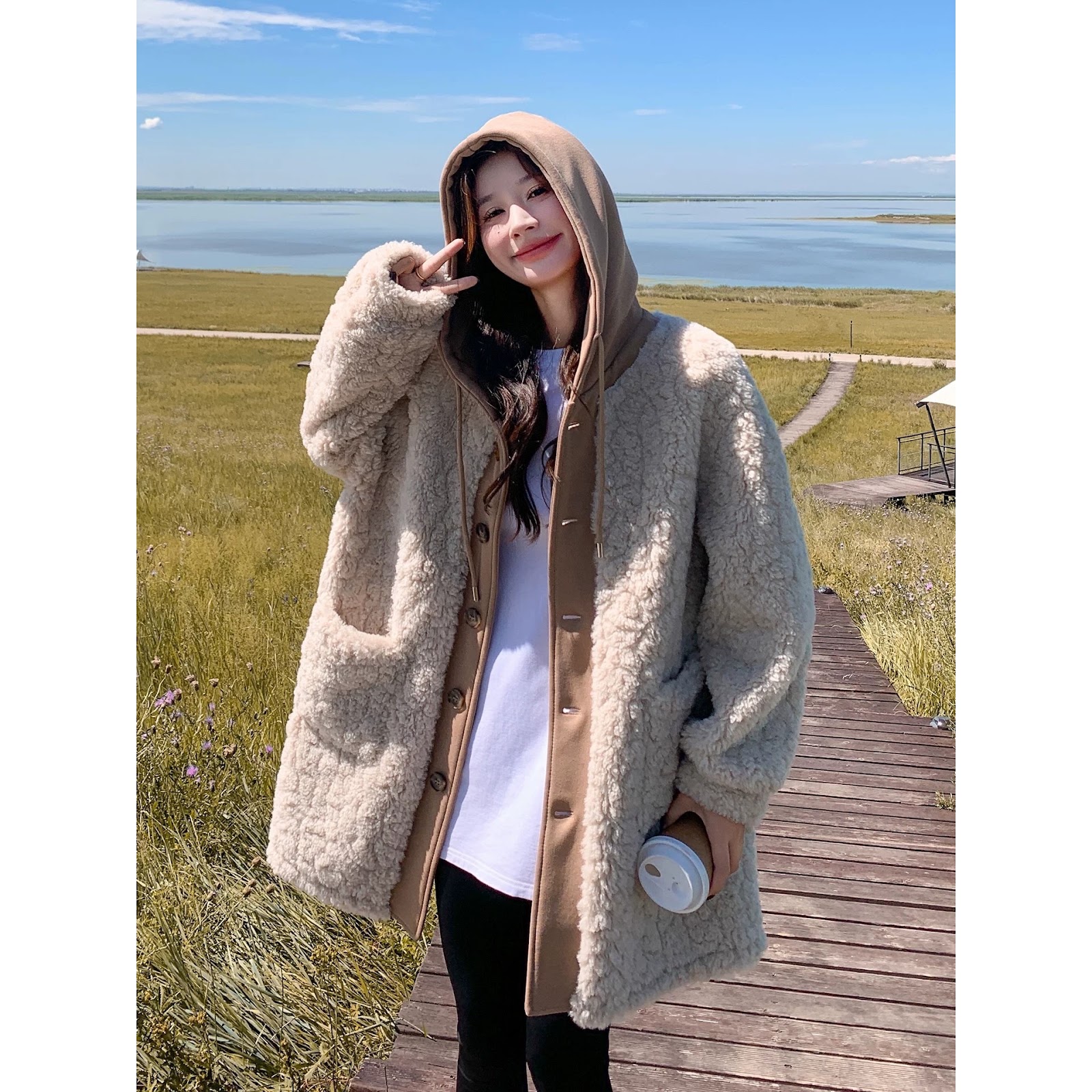 Women's Faux Sheepskin Coat, Mid-Length, Lined