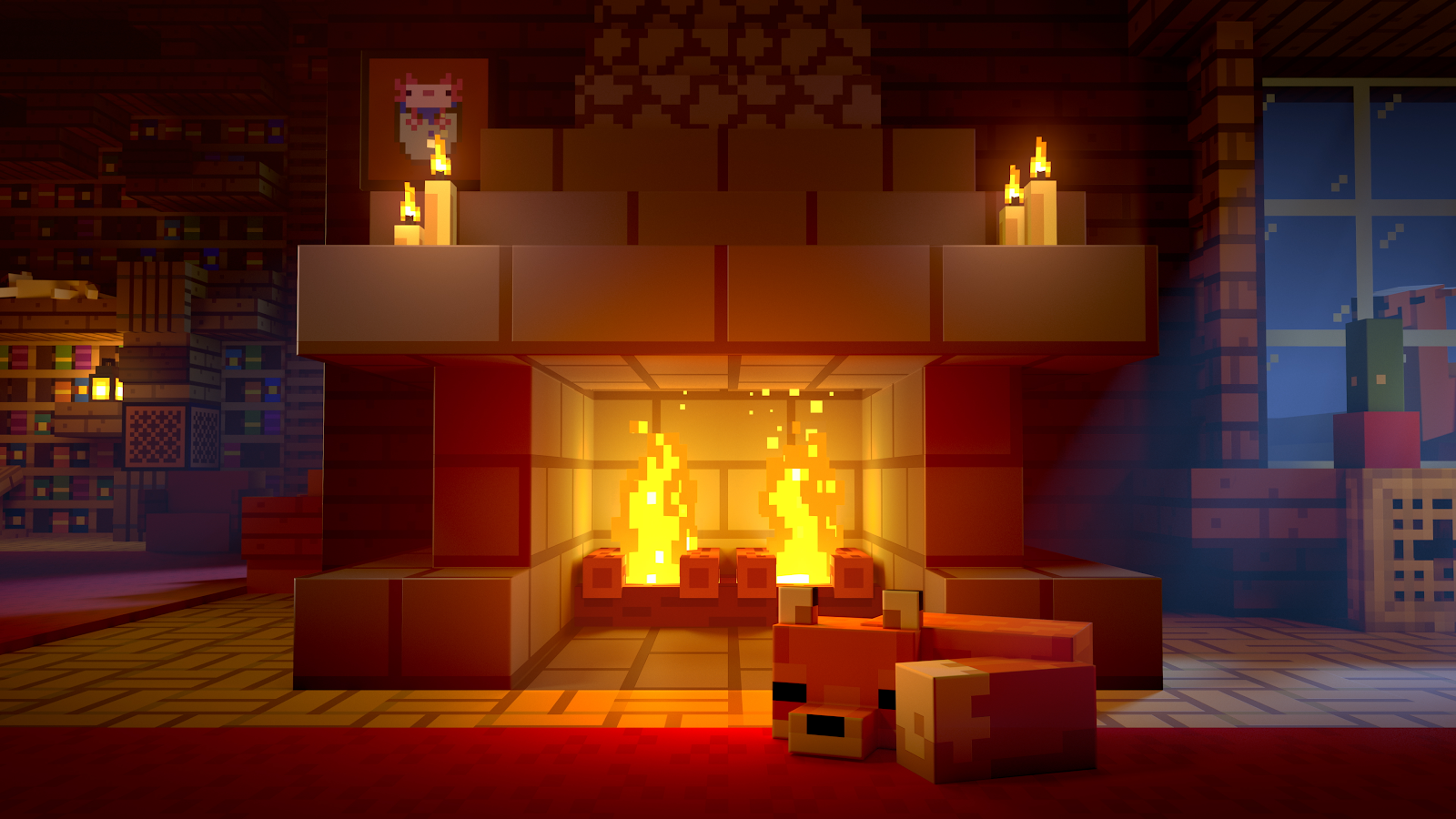 Minecraft Cozy Fireplace Interior - Voxel Digital Art 4K Wallpaper (3840x2160)