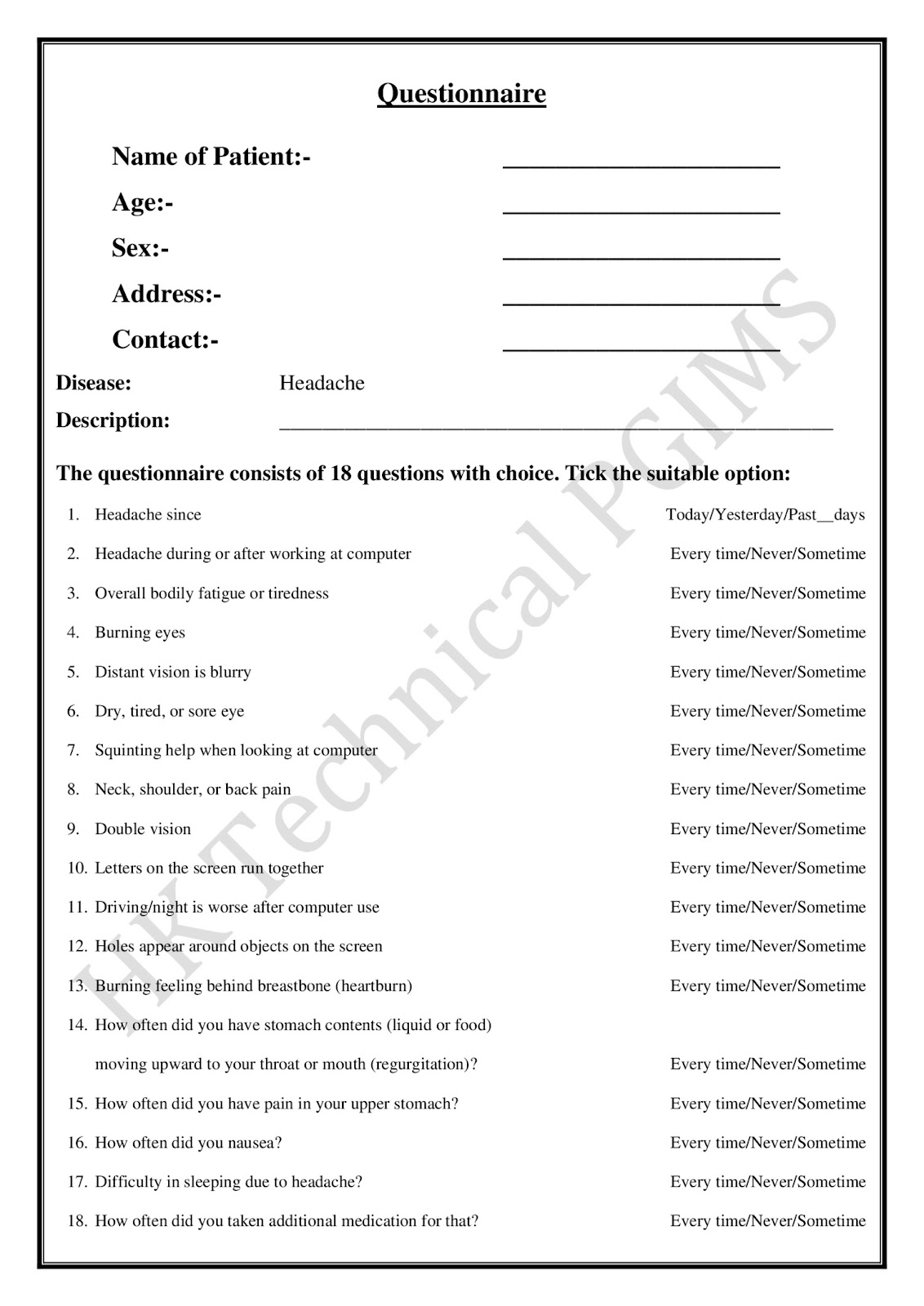 Questionnaire for Patient 2nd Semester B.Pharmacy Practical,BP205T Computer Applications in Pharmacy,BPharmacy,Handwritten Notes,Important Exam Notes,BPharm 2nd Semester,Practical and Experiments,Computer Application in Pharmacy,