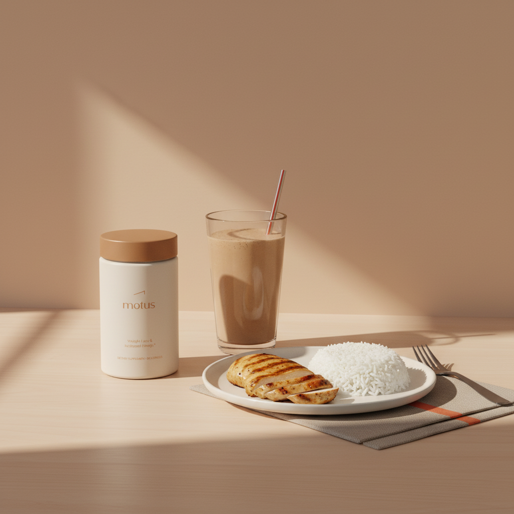 Sunlit minimalist kitchen counter with Tonum supplement jar beside a prepared protein shake and a plate of grilled chicken and rice, styled for best protein for skinny guys