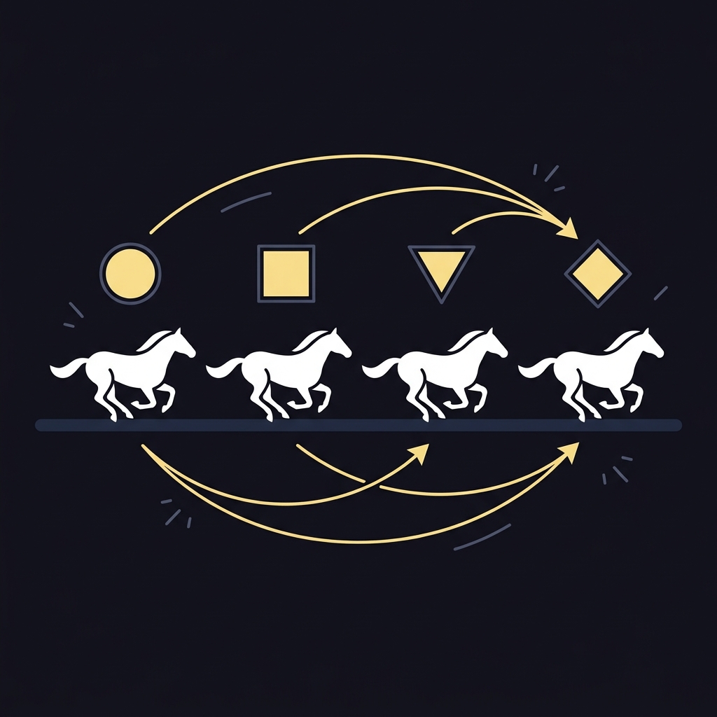Minimal 2D vector illustration of four stylized racehorse icons with distinct shape markers and curved arrows showing alternate finishing orders representing 4 horse boxed trifecta cost in Funded Plays palette