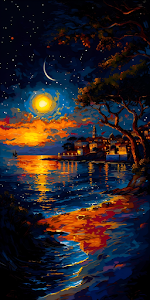 Impressionist Night Seascape Coastal Village Painting