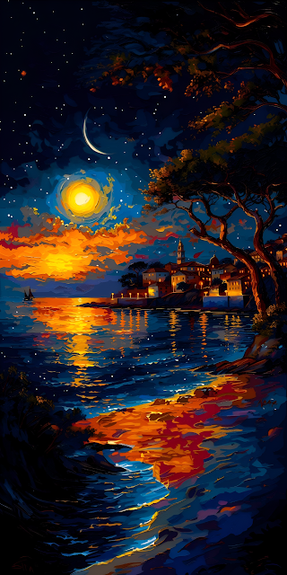 Impressionist Night Seascape Coastal Village Painting