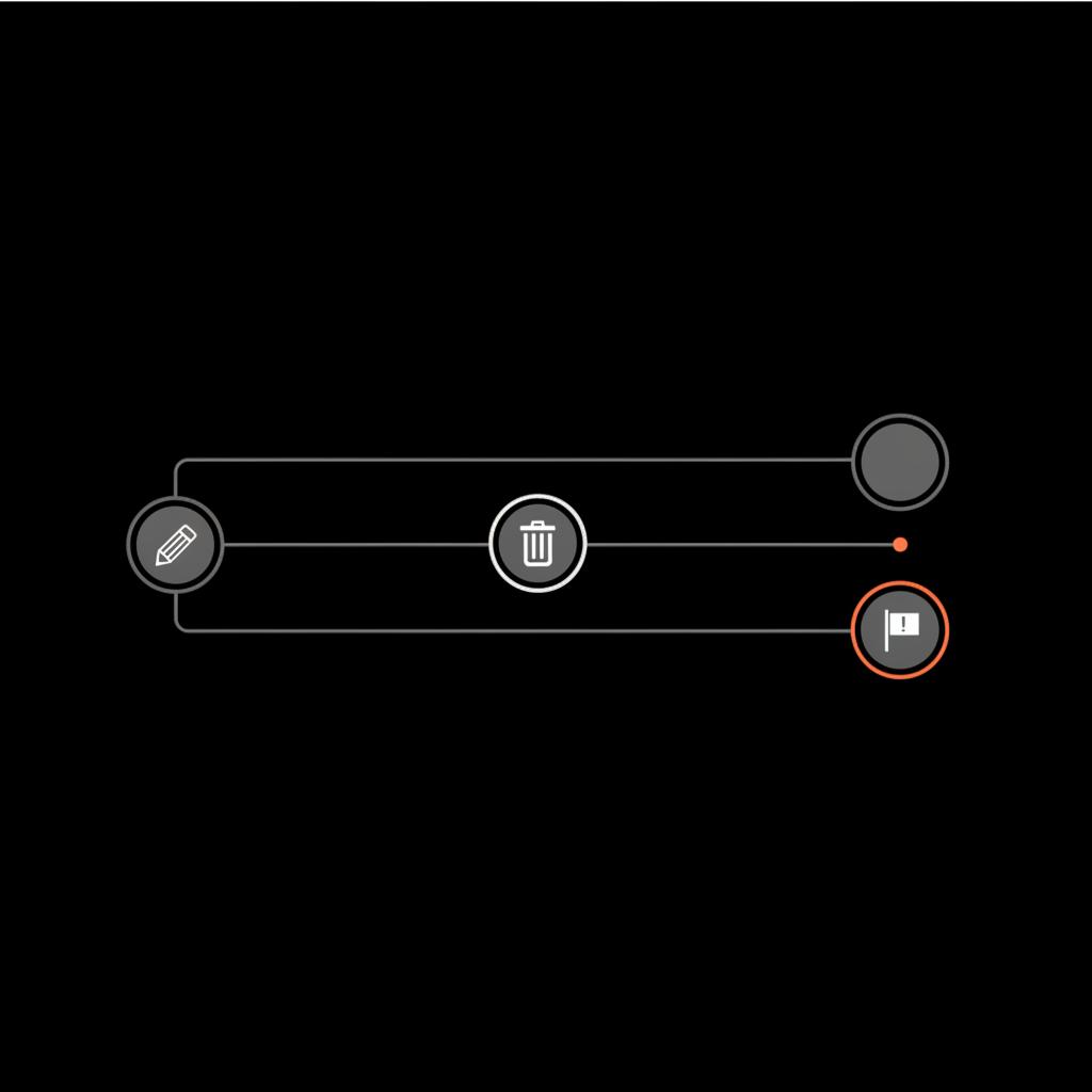 Minimal 2D vector infographic with three connected icons (pencil, trash, flag) representing Edit, Delete and Report actions to remove Google review on a black background.