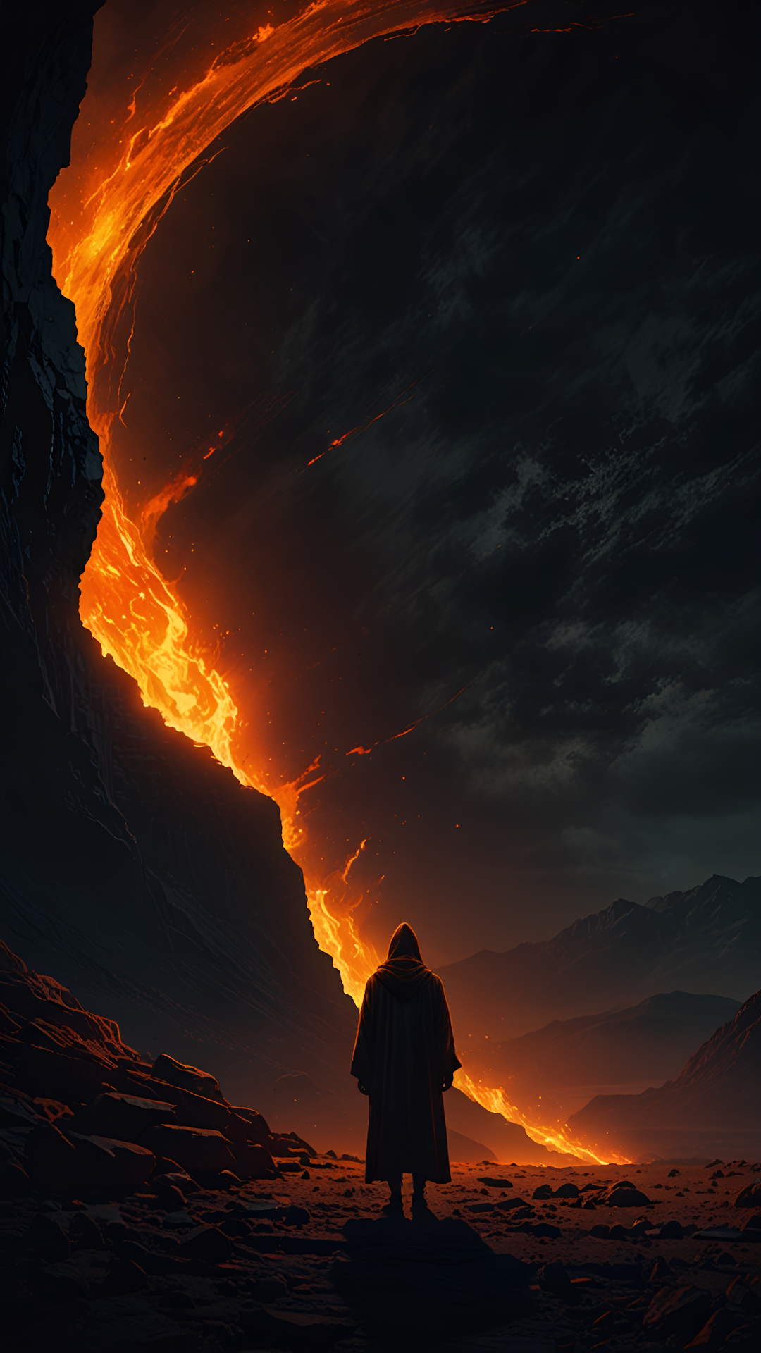Hooded Figure Gazing at Lava River Under Stormy Sky - Free 4K mobile Wallpaper