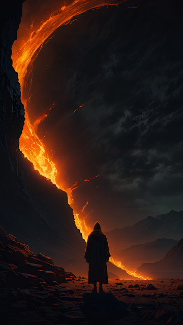 Hooded Figure Gazing at Lava River Under Stormy Sky - Free mobile Wallpaper