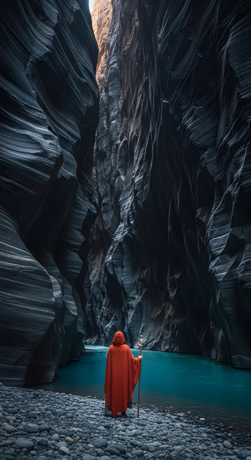 Epic and Moody View of a Person in an Orange Cloak Standing by a Turquoise River in a Deep Slot Canyon - Free 4K mobile Wallpaper