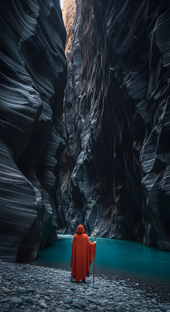 Epic and Moody View of a Person in an Orange Cloak Standing by a Turquoise River in a Deep Slot Canyon - Free mobile Wallpaper