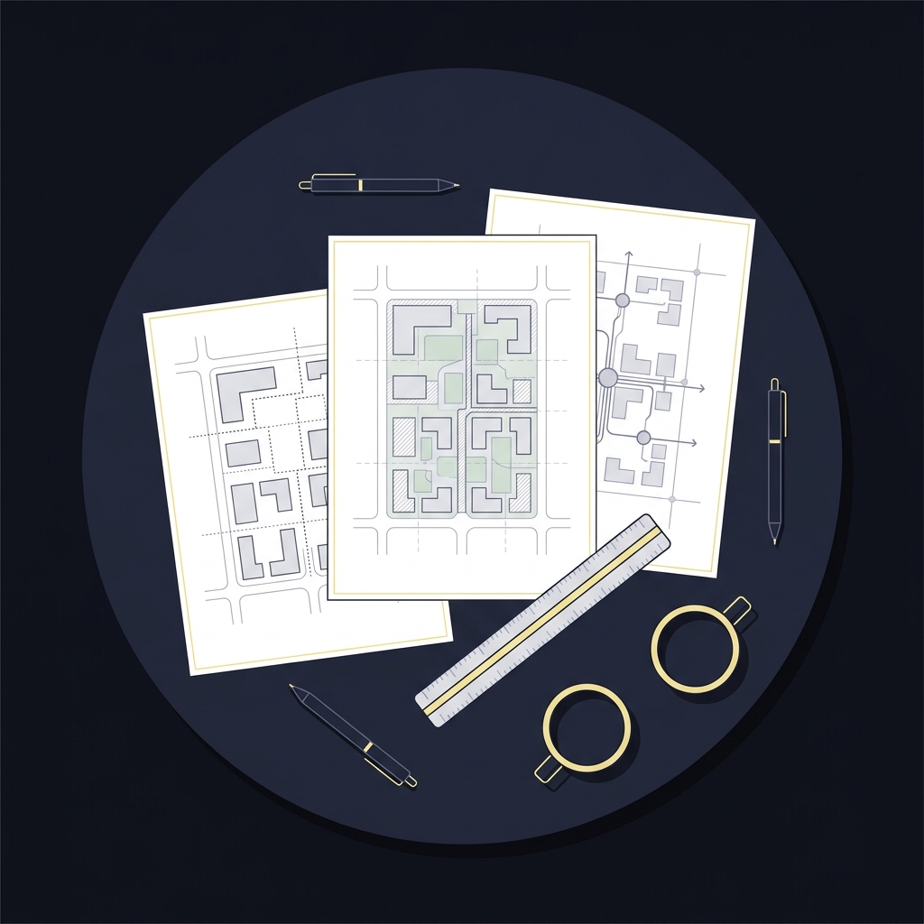 Minimalist 2D vector top down view of a community planning meeting table with site maps sketches pens ruler and coffee cups in Funded Plays palette aqueduct picks cox