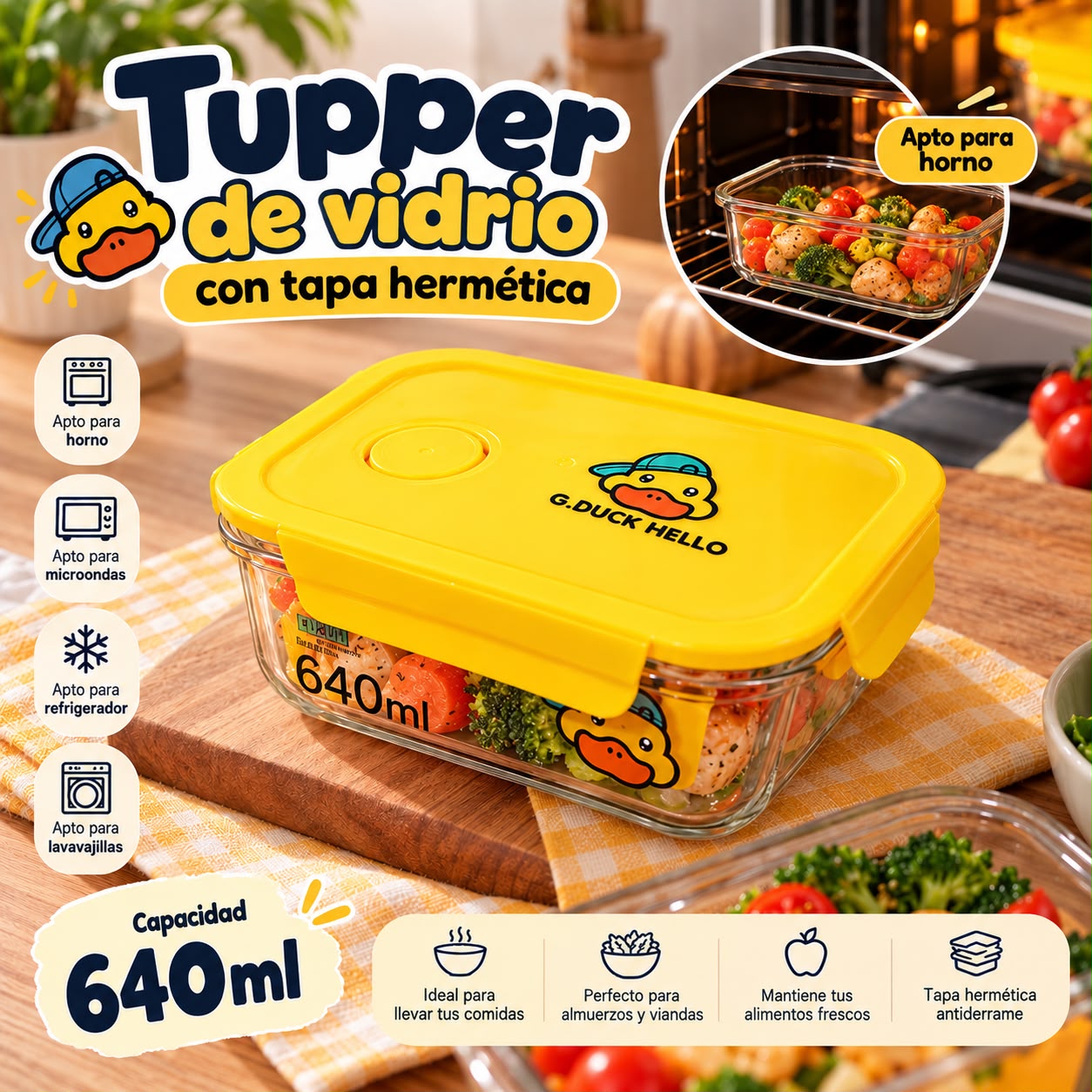 Tupper de vidrio con tapa hermética 640 ml – patito