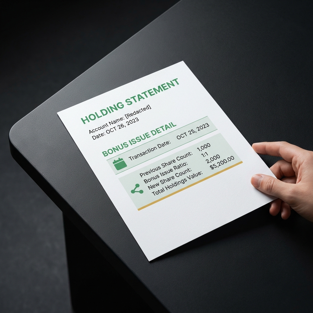 Close up holding statement showing increased share count after a bonus issue for a beginner in share market on a dark minimalist background