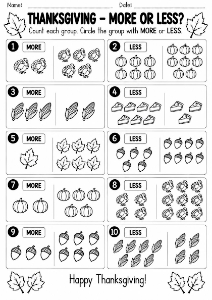 Thanksgiving More or Less Worksheet