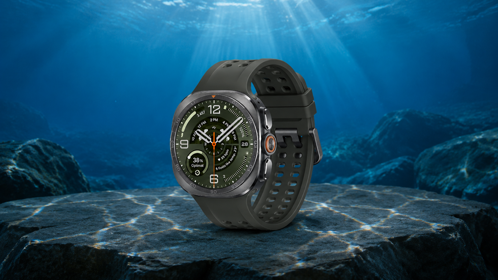 Samsung Galaxy Watch Ultra2 centrato sott'acqua su una roccia dedicata alle immersioni