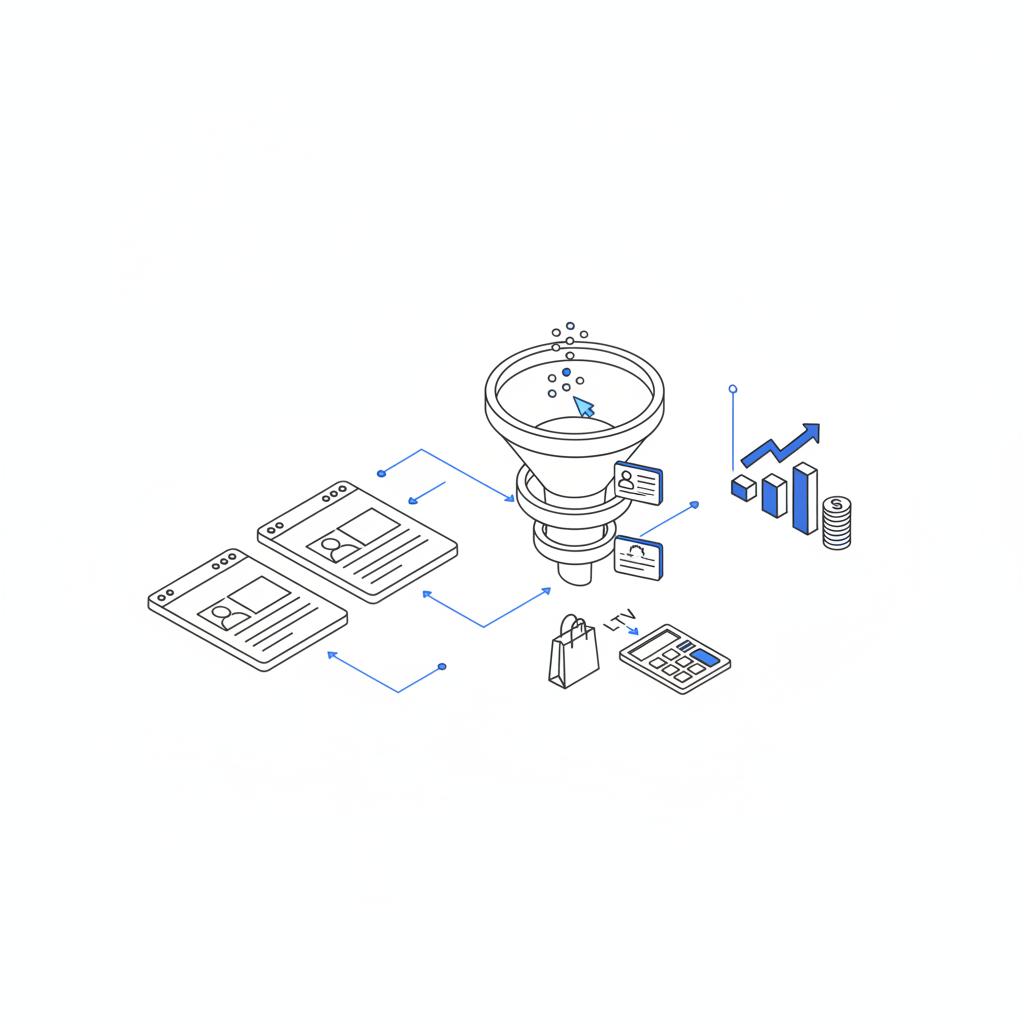 Isometric 2D vector of ad-to-revenue funnel with ad placements, clicks, leads, purchases and LTV calculator, minimalist style for Facebook ads CPA.