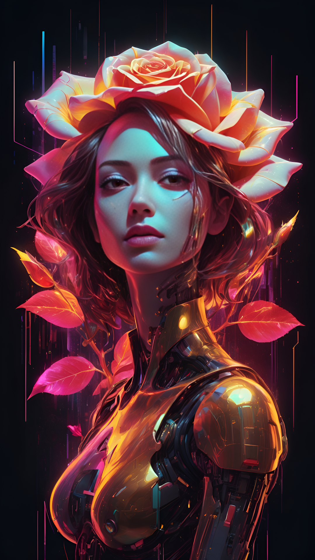 Neon Cybernetic Rose Goddess Portrait Digital Art - Free 4K mobile Wallpaper