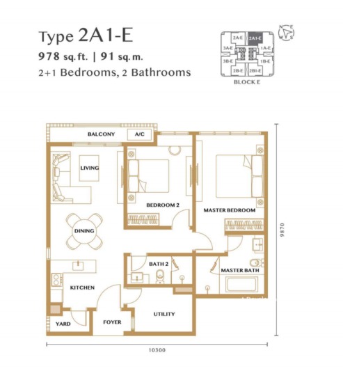 Bangsar Hill Park – Verdura (Tower D and E) Type 2A1-E floor plan — 1198 sq ft, 3 bedrooms