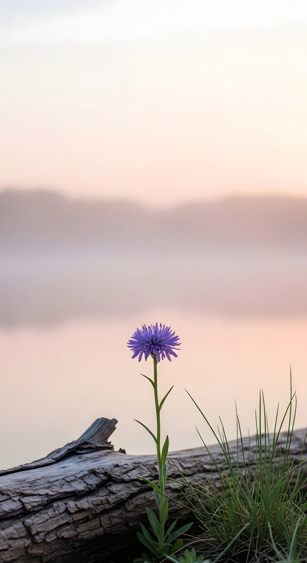 Single Purple Flower by Log at Soft Pink Misty Sunset Lake - Free 4K mobile Wallpaper