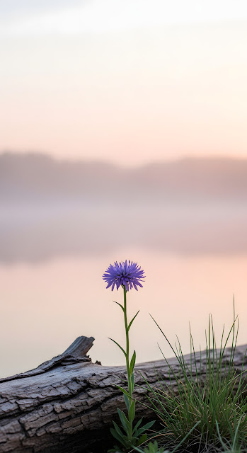 Single Purple Flower by Log at Soft Pink Misty Sunset Lake - Free mobile Wallpaper