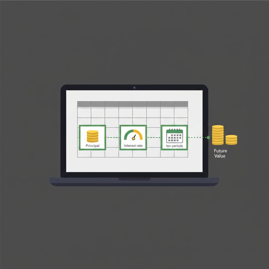 Minimal 2D vector laptop with spreadsheet style icons for principal interest and periods connected to a larger coin pile representing future value of $10000 in Finance Police colors