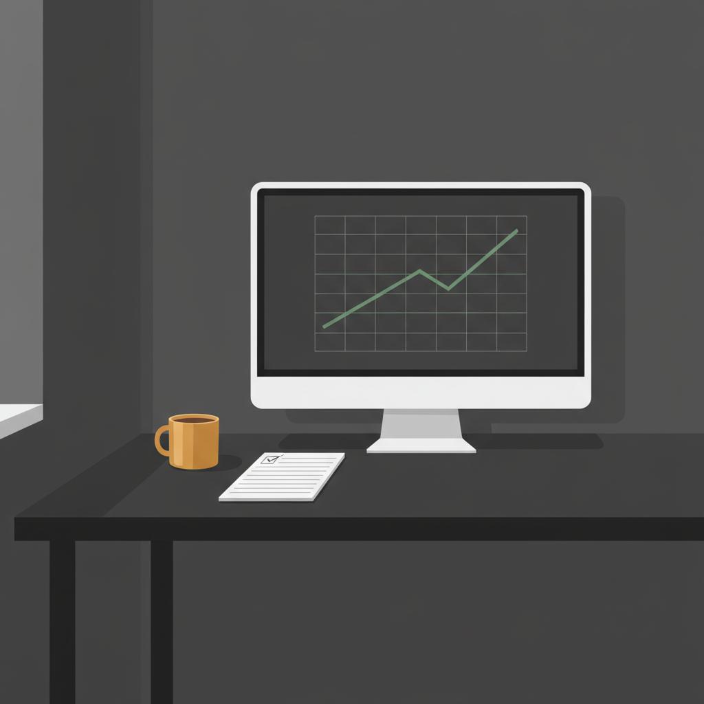Minimalist 2D vector home office corner with coffee mug notepad and muted monitor showing a simple chart How much can I make a day as a day trader
