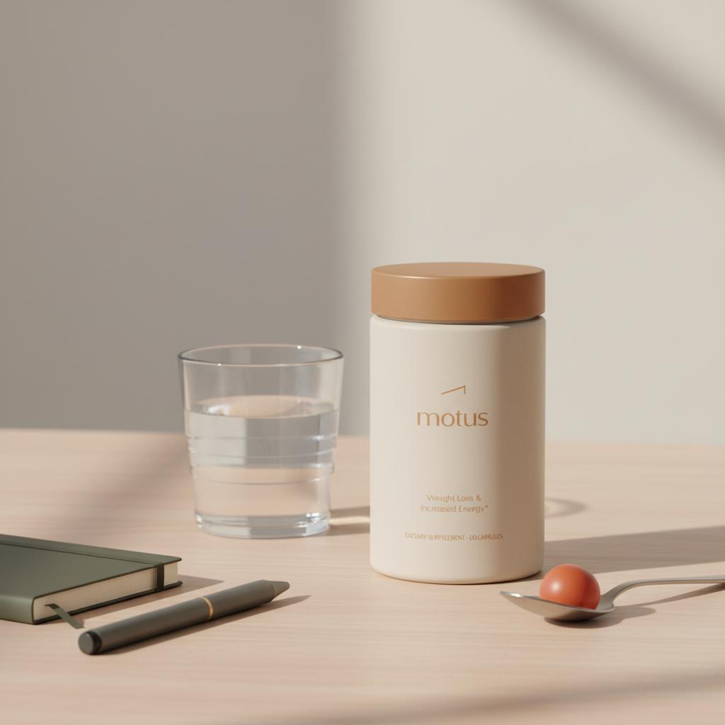 Motus supplement jar on a light wooden table with glass of water, notebook and spoon with berry in a minimalist Tonum scene for metabolic fat flush.