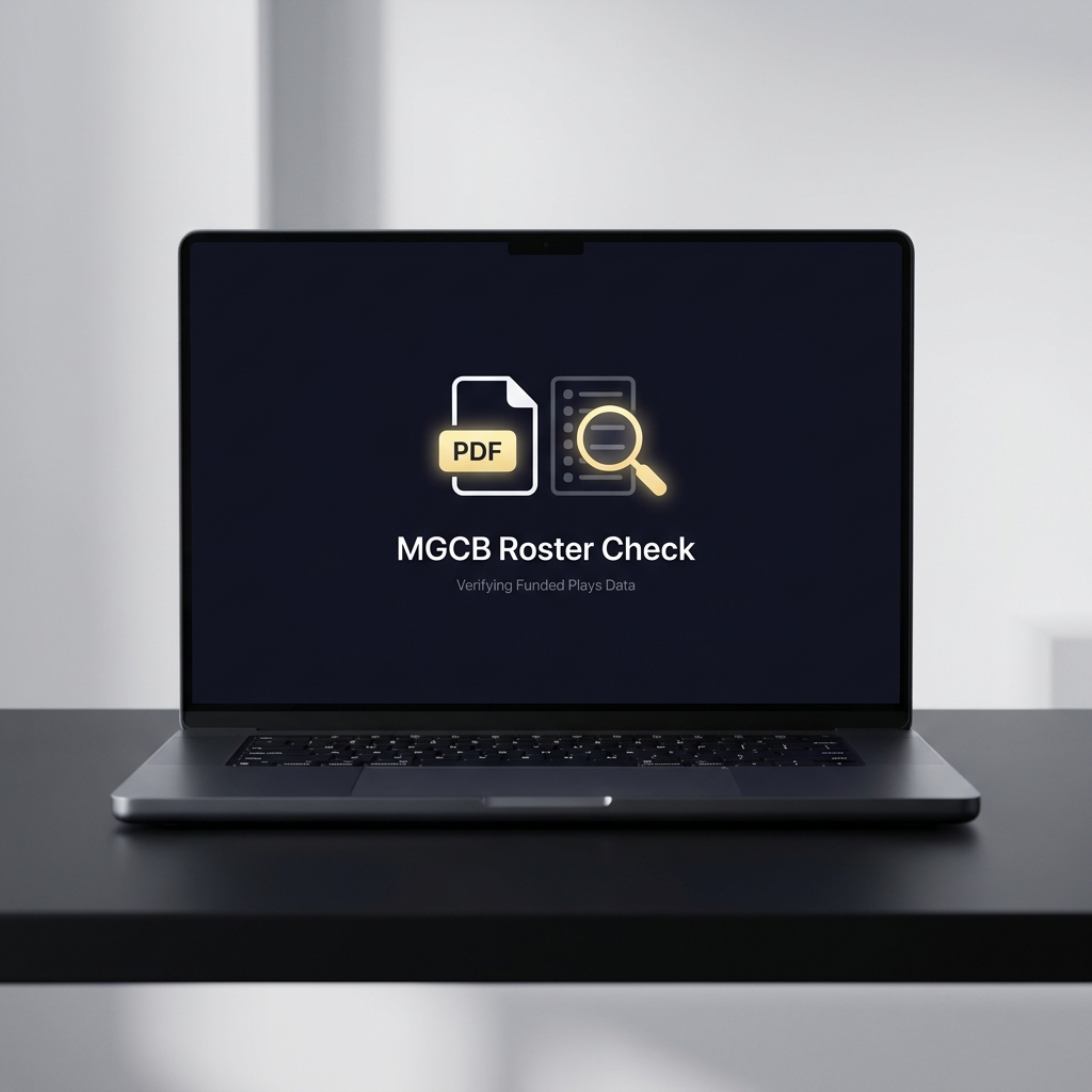 Screenshot style image of a laptop with a PDF icon and magnifying glass representing checking MGCB rosters for mi sports betting in a minimalist Funded Plays dark themed layout