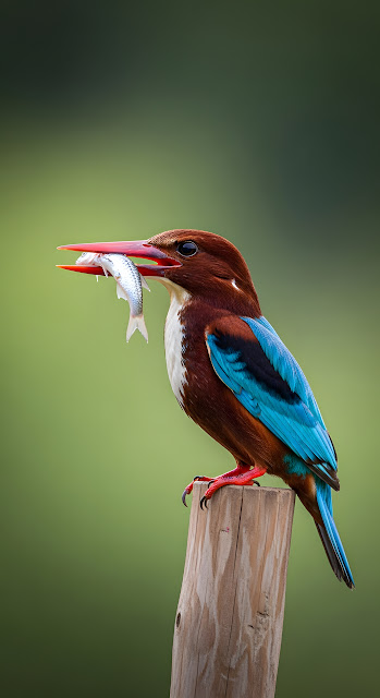 White-throated Kingfisher Holding a Freshly Caught Fish - Free mobile Wallpaper