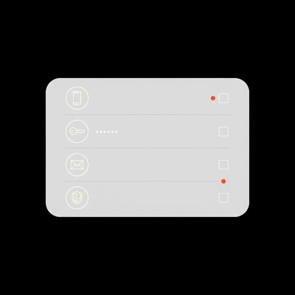 Minimal 2D vector checklist infographic on black background showing device, password key, envelope, and backup-code icons to illustrate how to recover Gmail without phone.