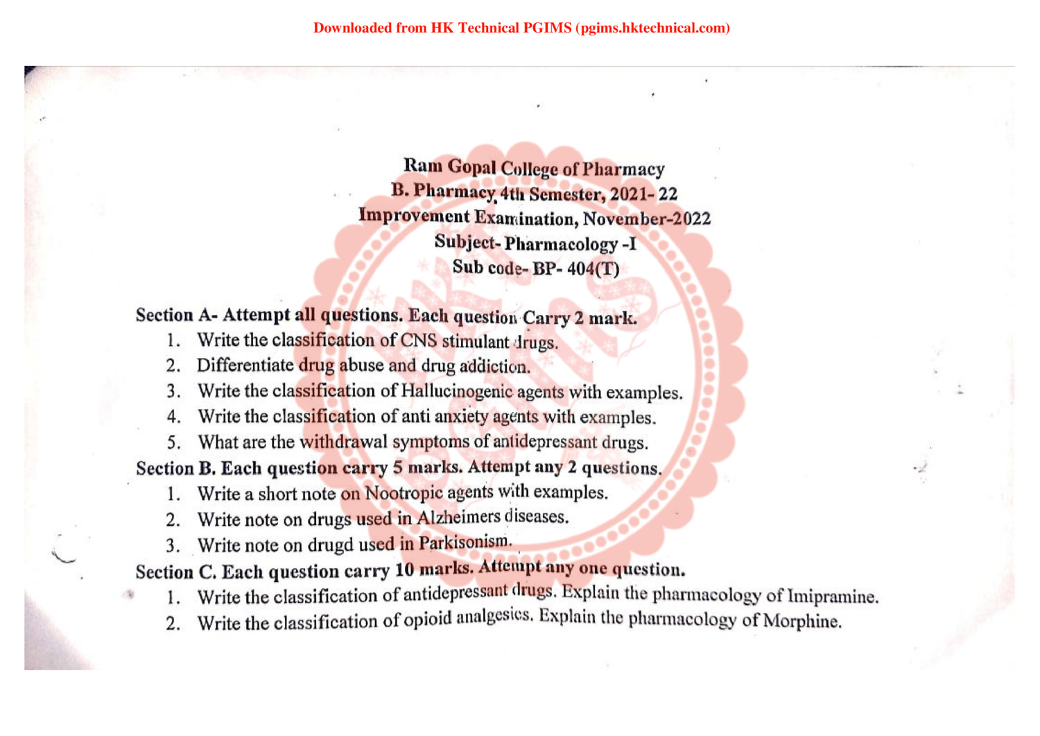 BP404T pharmacology improvement sessional RGCP UHSR 4th Semester B.Pharmacy Previous Year's Question Paper,BP404T Pharmacology I,BPharmacy,Previous Year's Question Papers,BPharm 4th Semester,Improvement sessional RGCP Uhsr,