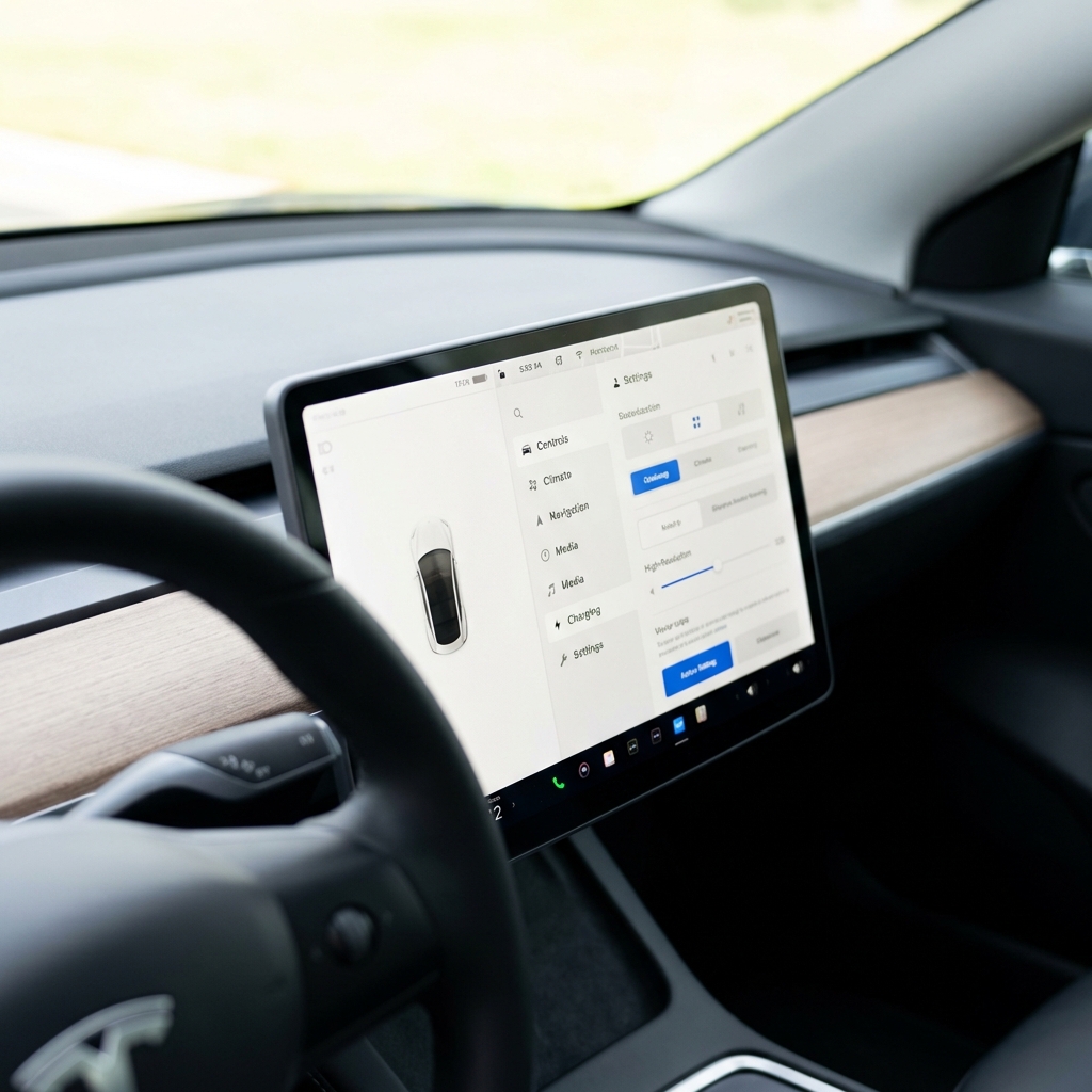 Close interior view of a Model 3 dashboard with center screen displaying software menus minimalist composition for tesla 3 for sale