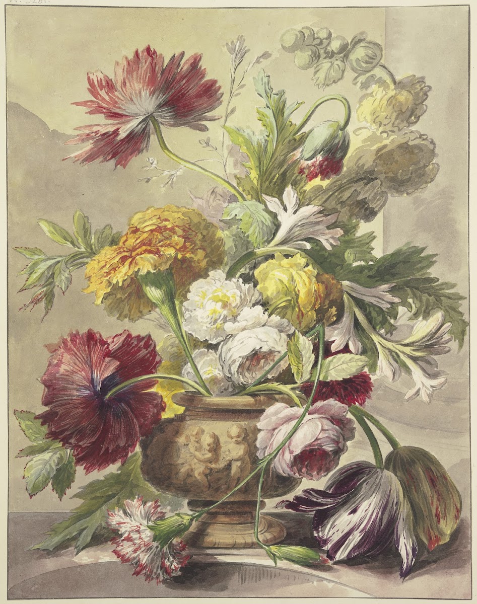 Blumenstrauß in einer Vase mit Basrelief von Mohn Rosen Tulpen quer über der Vas