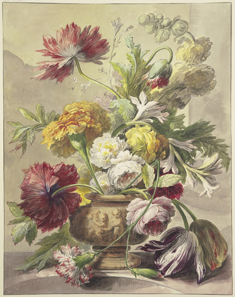 Blumenstrauß in einer Vase mit Basrelief von Mohn Rosen Tulpen quer über der Vas