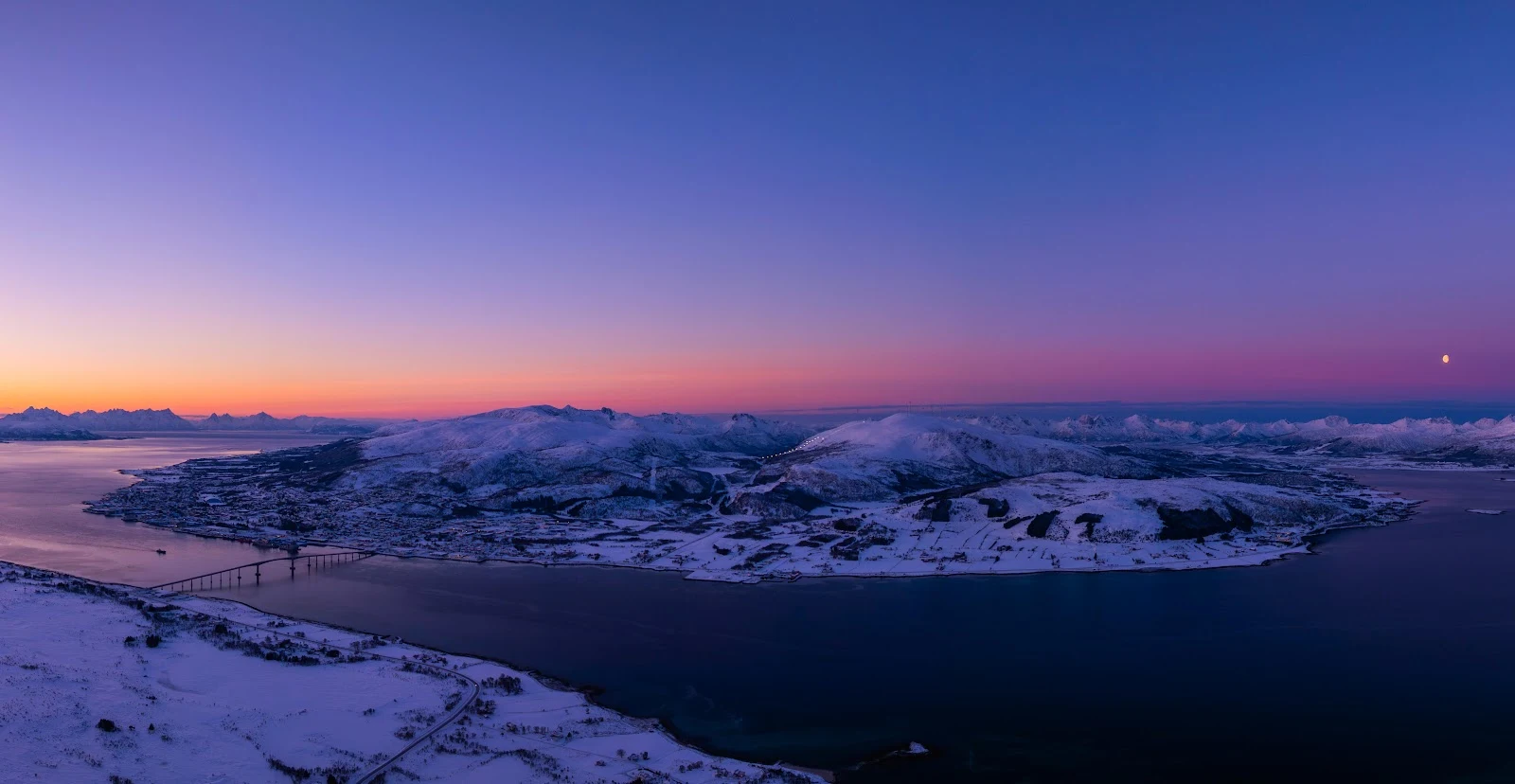 Winter Fjord Sunset With Moon - Landscape Photography 5K Wallpaper (6458x3340)