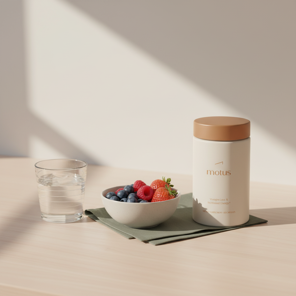 Motus supplement jar beside bowl of berries and a glass of water on a light wood kitchen counter. What do I say to my doctor to get diet pills?