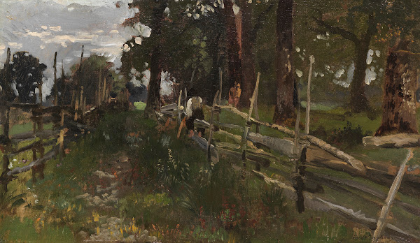 Bauernbub am Gatter sitzend 1887