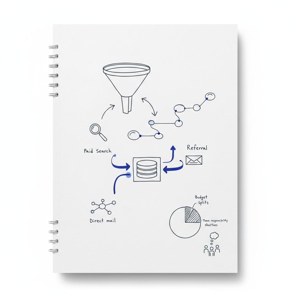 Hand-drawn notebook sketches of funnels and icons (magnifying glass, network nodes, postcard) converging into a CRM box, illustrating property management leads.