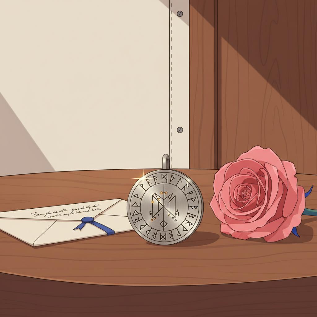 Nahaufnahme eines gravierten Metallanhängers auf Holztisch neben Rose und handgeschriebenem Brief – romantisches geschenk zur rosenhochzeit