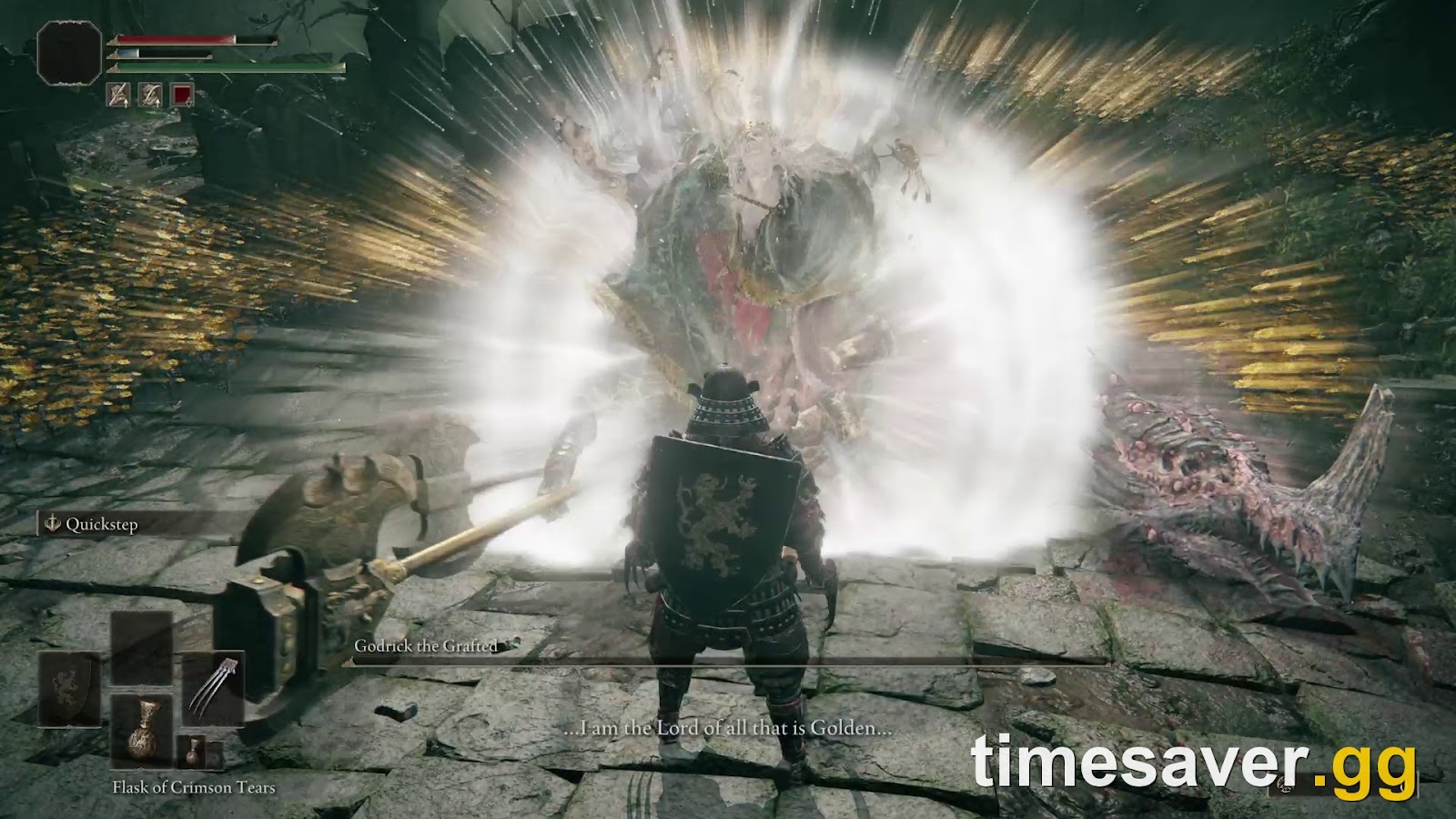 Godrick's phase-2 transition, the grafted dragon head visible beside him