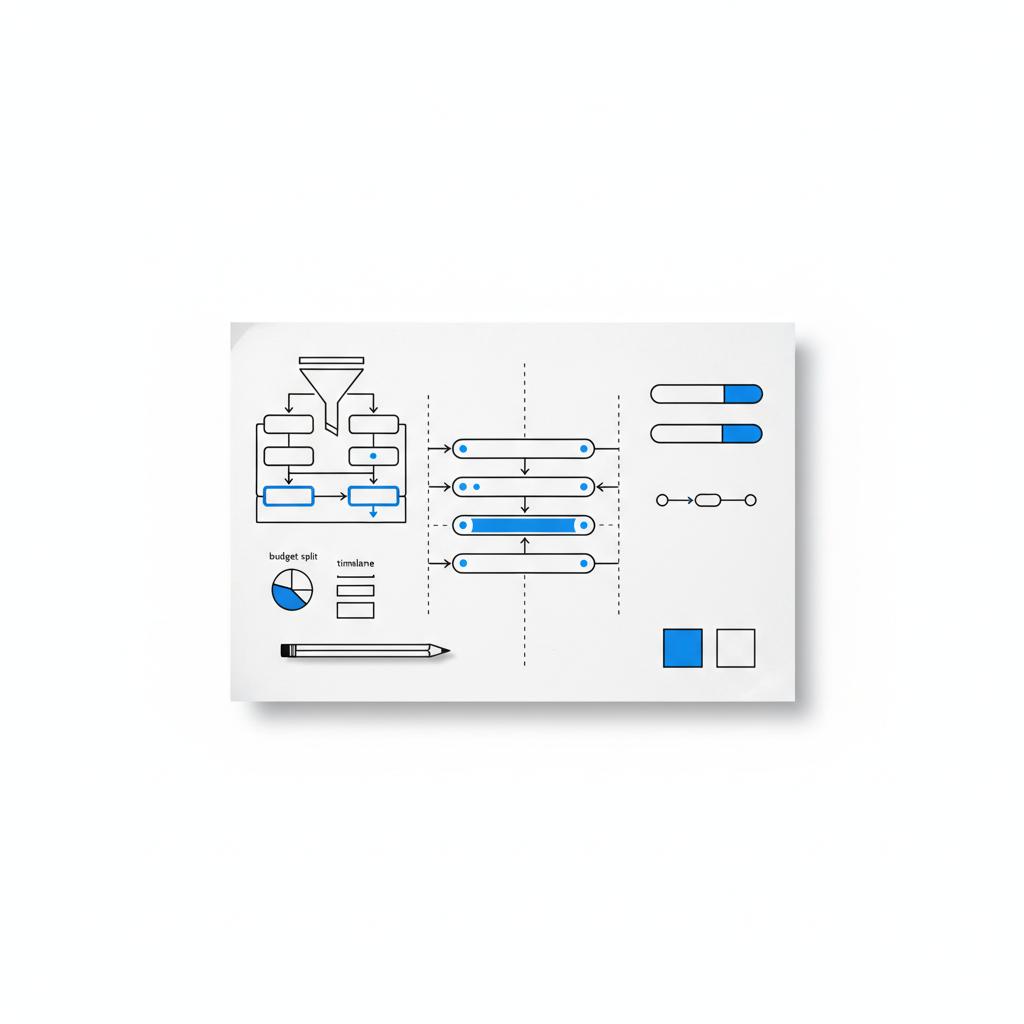 Minimal 2D vector flat-lay of a notebook page with A/B test flow and incremental holdout testing sketches in brand colors; blue accents and clean white background &mdash; pay-per-click