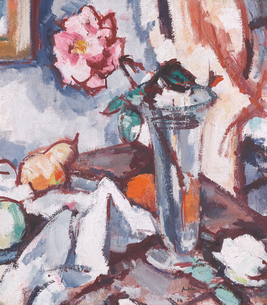 Pink Rose In Glass Vase With Fruit