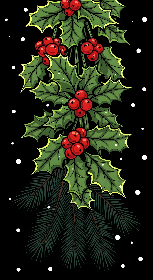 Christmas Holly Berries Fir Garland Black Background Illustration