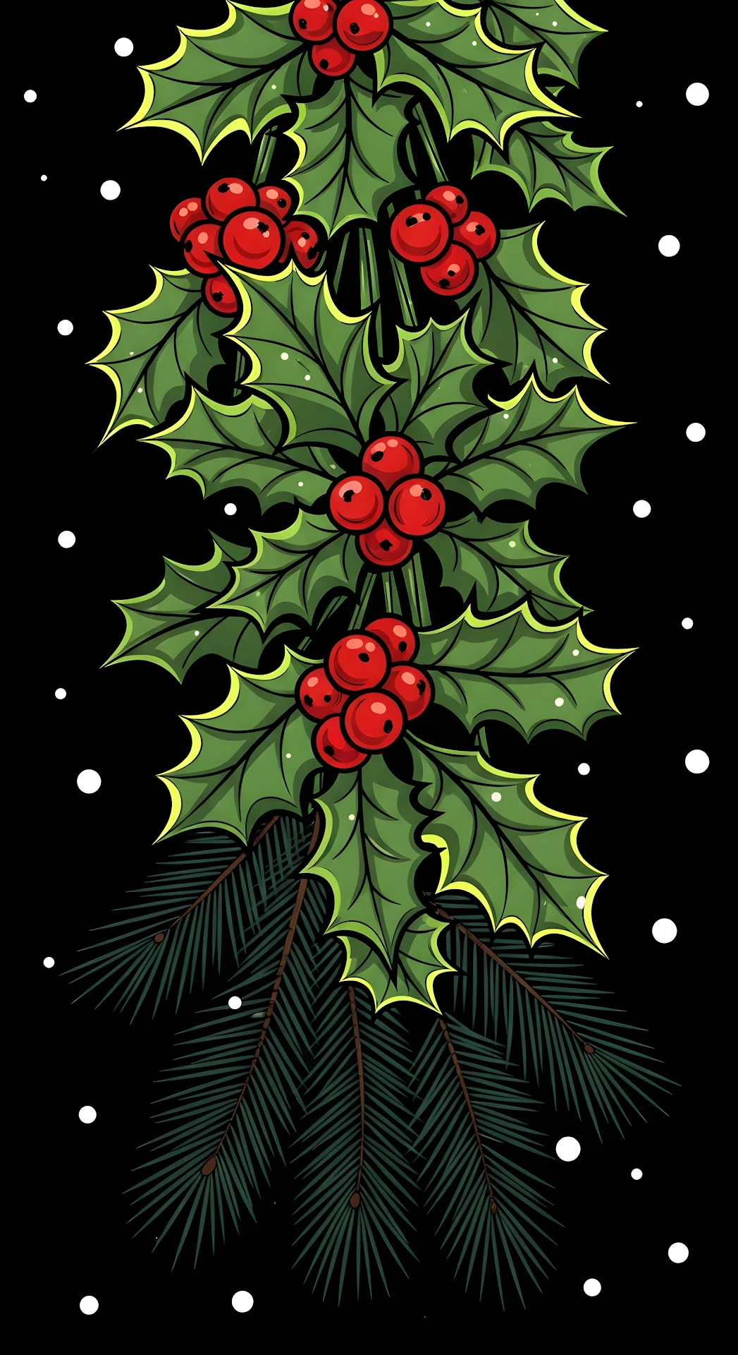 Christmas Holly Berries Fir Garland Black Background Illustration - Free 4K mobile Wallpaper
