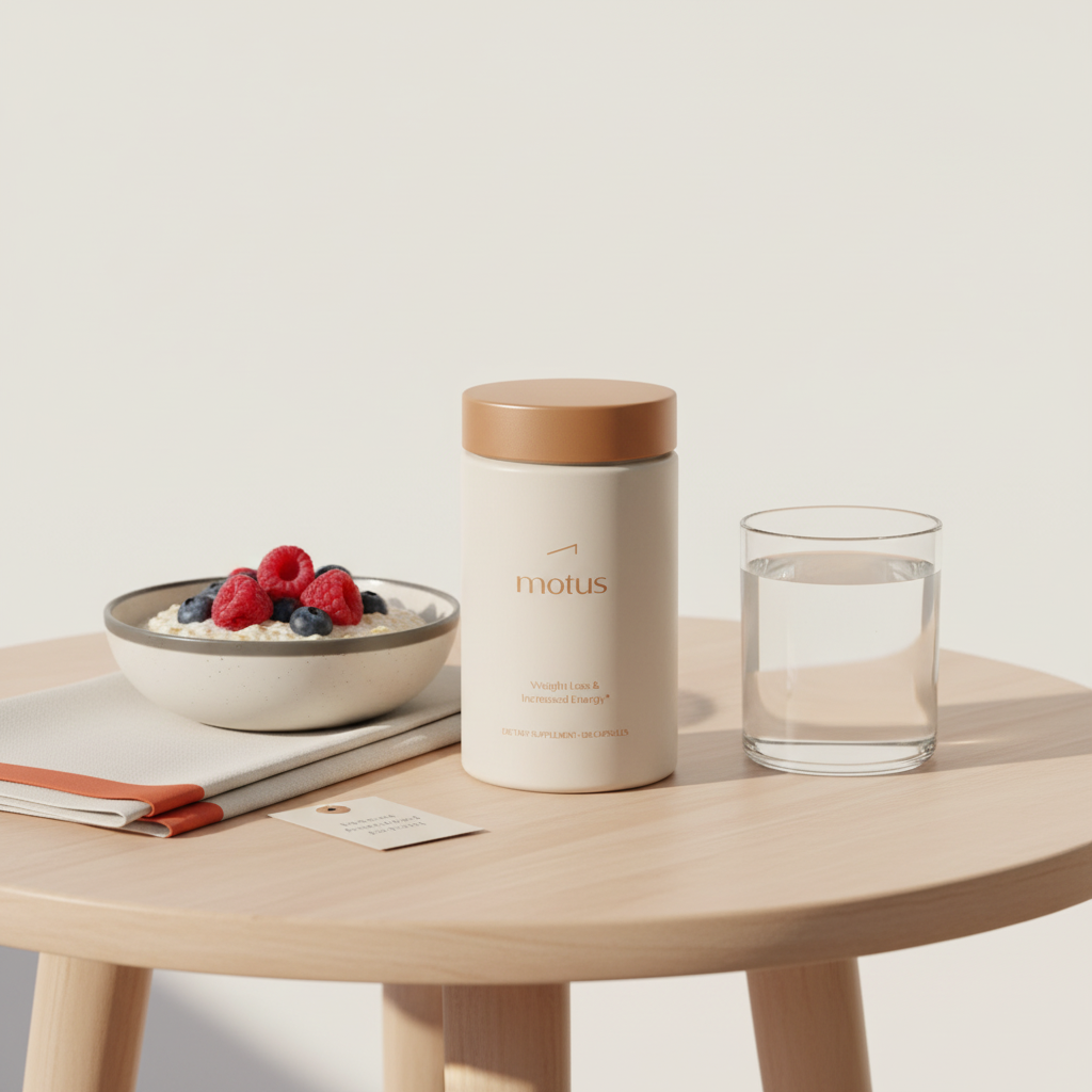 Minimalist still-life of Tonum Motus bottle beside a glass of water and a bowl of oats with berries on a round wooden table, illustrating a 5 R's of gut health morning routine.