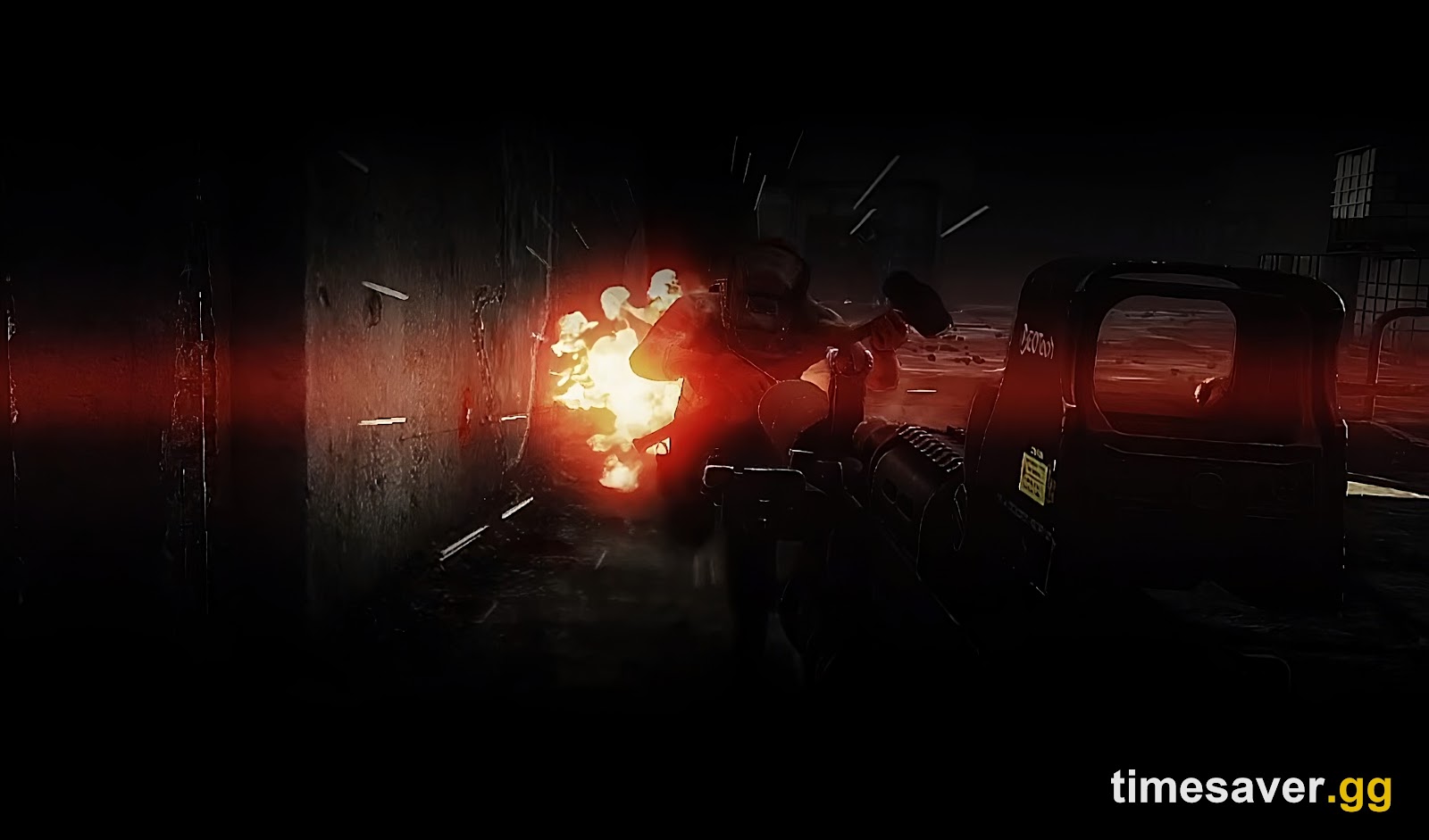 A dark Interchange firefight — an armored figure sprays a light machine gun while a player pushes with a rifle