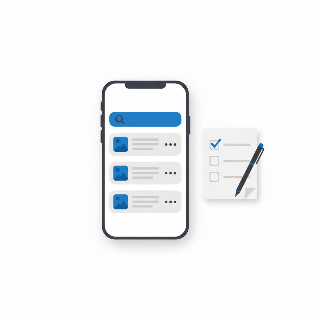 Top down vector illustration of a smartphone showing a dealer listing and a paper checklist representing jeep sales near me search