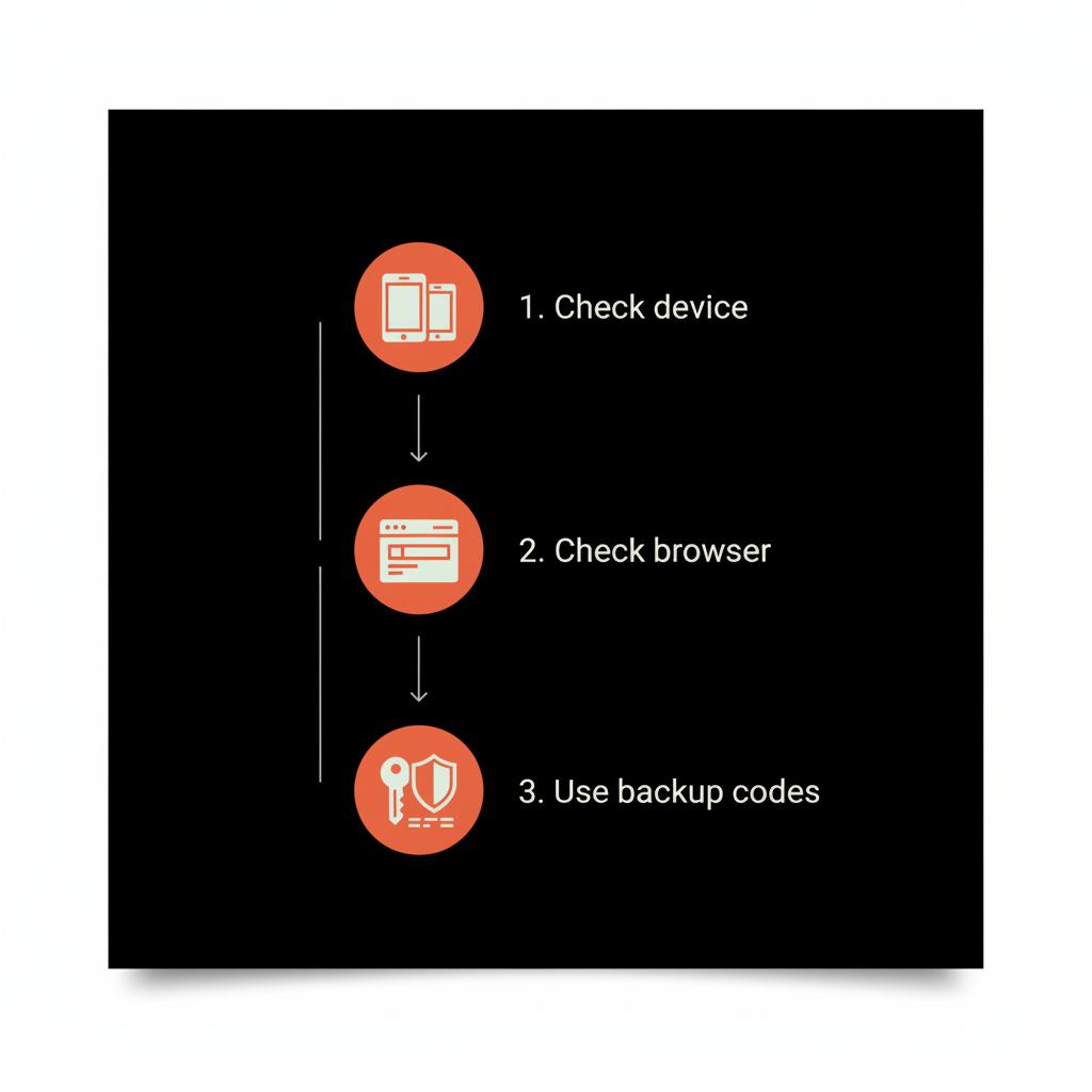 Minimal vector infographic showing how to recover forgotten password with three steps: check device, check browser, use backup codes on black background with Social Success Hub colors.